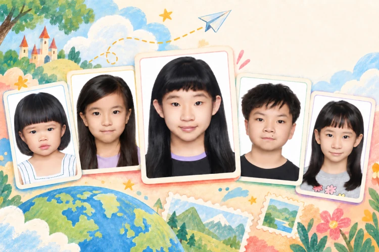 五位不同孩子的正式照片與地圖城堡構成故事封面
