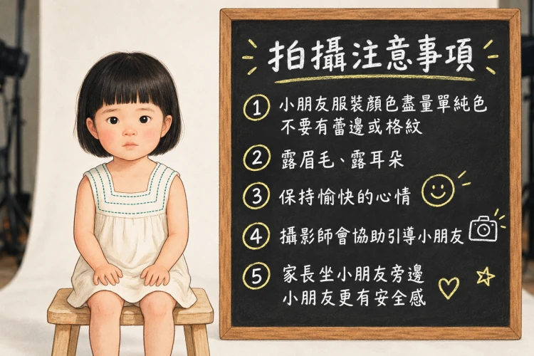 孩子坐在攝影棚與拍攝注意事項黑板旁