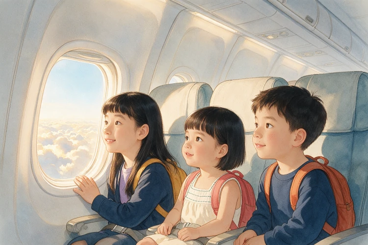 三位孩子坐在飛機窗邊看雲層的創作插畫