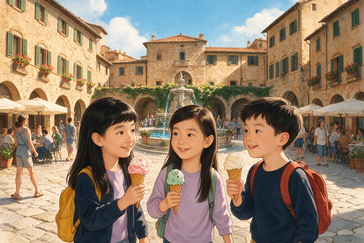 三位孩子在廣場分享冰淇淋的義大利午後創作插畫