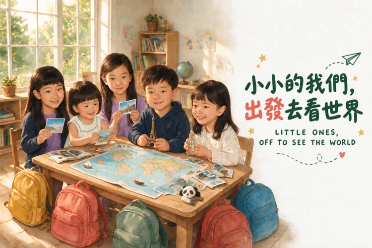 五位孩子圍著地圖與旅行紀念物的回家創作插畫