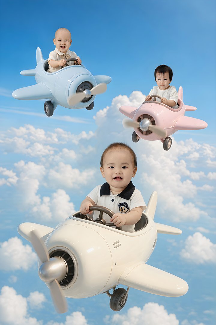 三架淡色小飛機在雲層間前後飛行